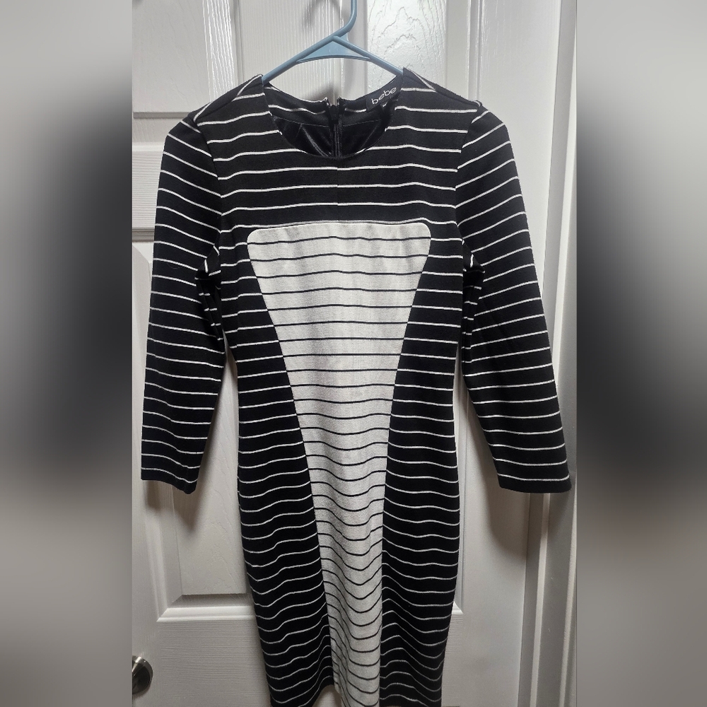 bebe Black and White Striped Long Sleeve Dress